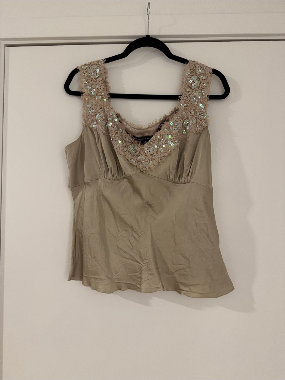 Embellished V-Neck Taupe Satin Women’s Tank Top